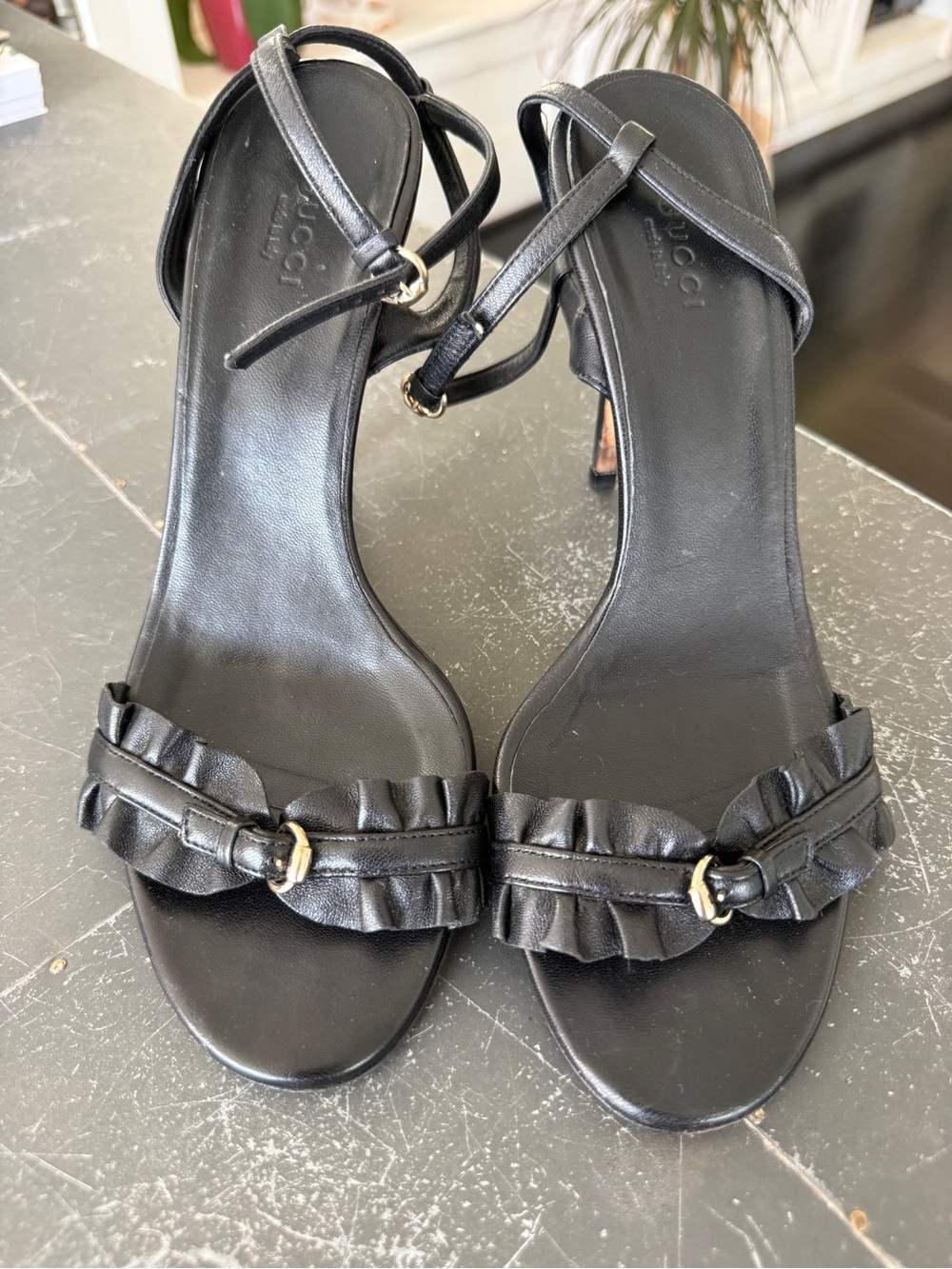 Gucci Black Leather Ruffle Strap Ankle-Tie Heels